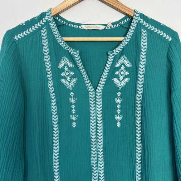 Soft Surroundings Size XS Dress Teal Peasant Long Sleeves Embroidery - Picture 4 of 13